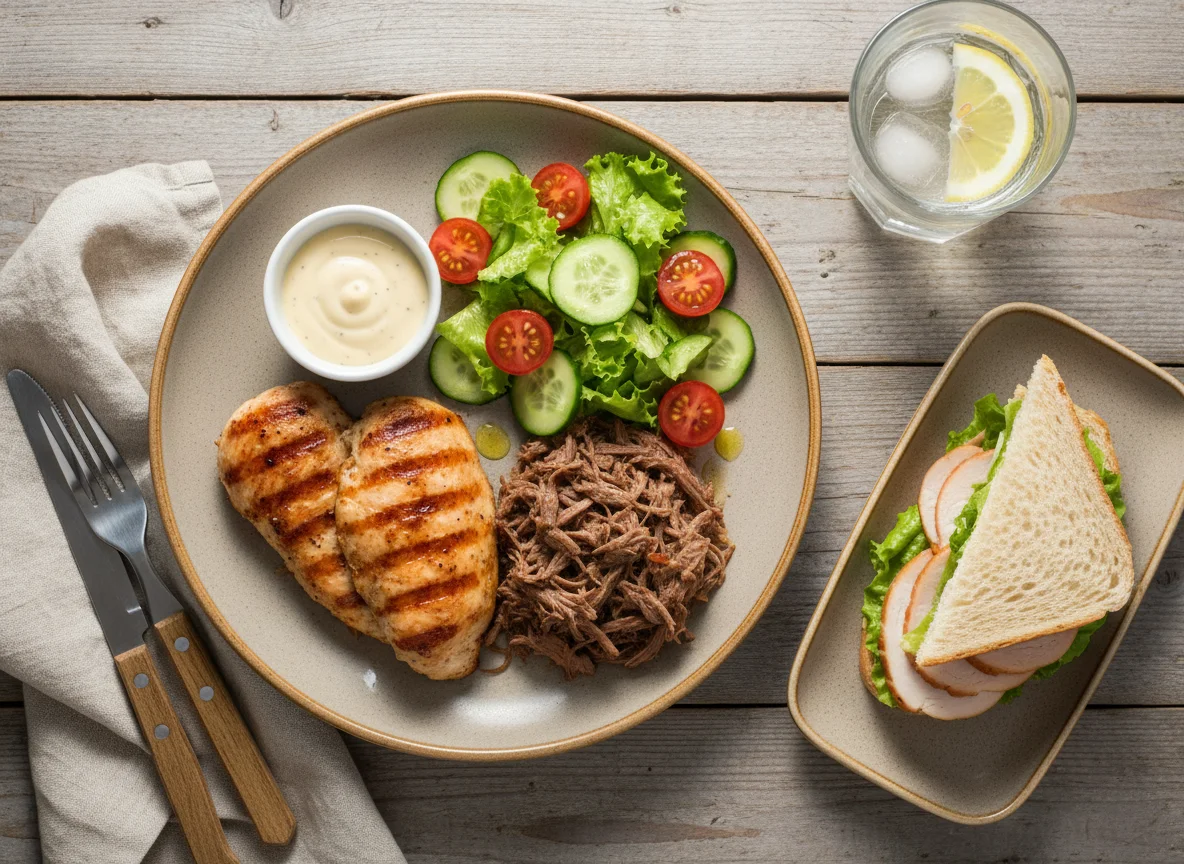 Мясное ассорти с салатом и соусом photo