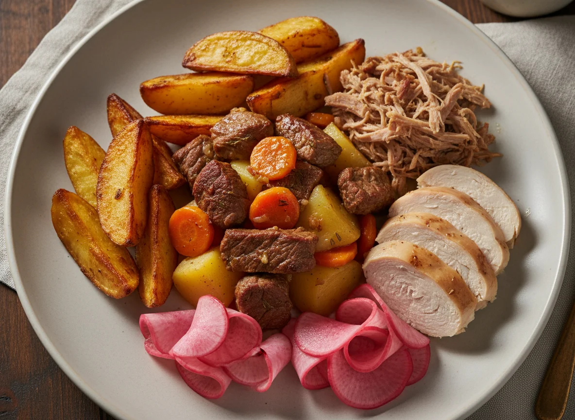 Мясное ассорти с тушеными овощами и маринованной редькой photo