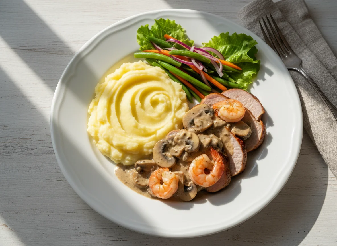 Мясное блюдо с грибным соусом и картофельным пюре photo