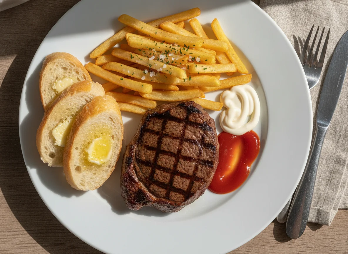 Мясное блюдо с картофелем фри и хлебом photo