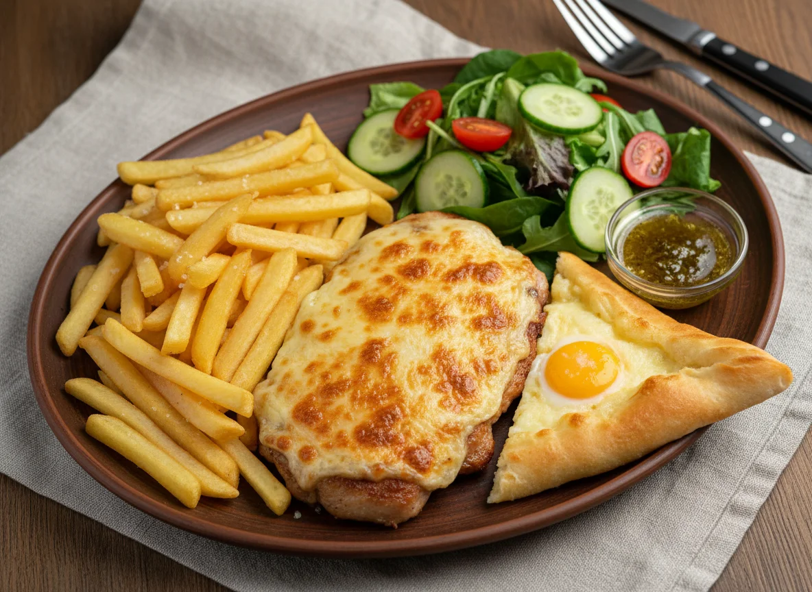 Мясное блюдо с картофелем фри, салатом и хачапури photo