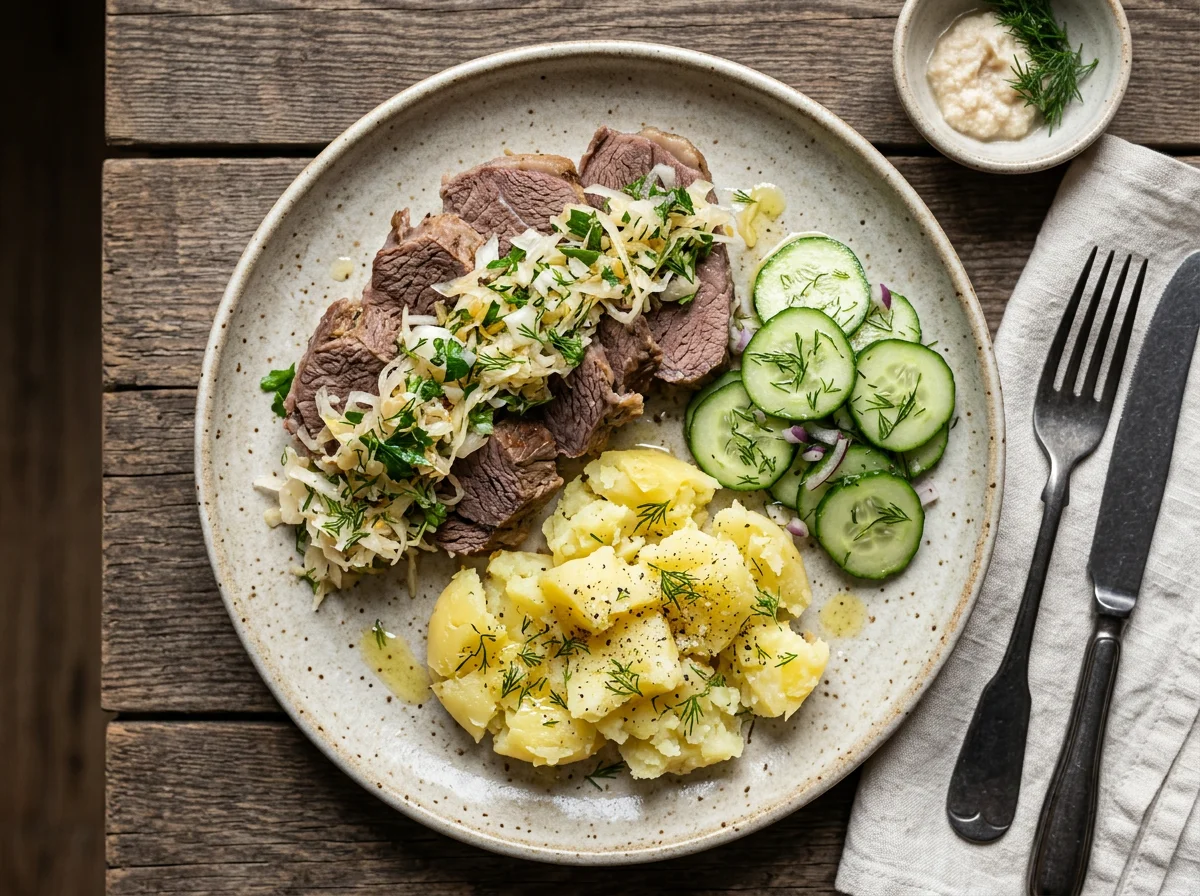 Мясное блюдо с картофелем и квашеной капустой photo