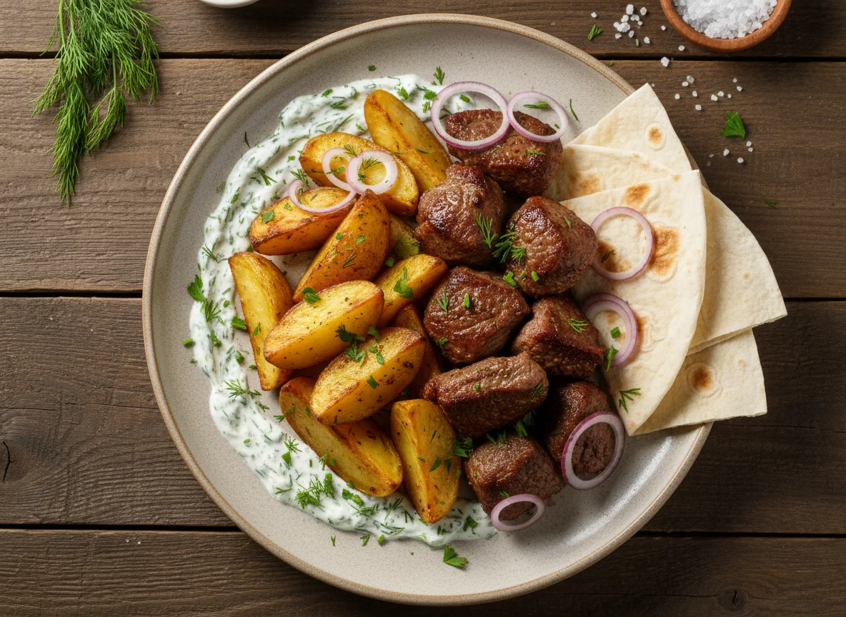 Мясное блюдо с картофелем и соусом photo