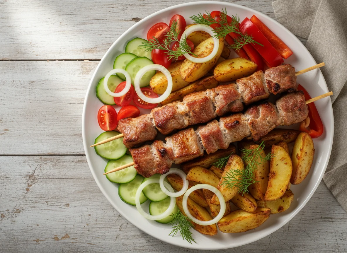 Мясное блюдо с картофелем и свежими овощами photo