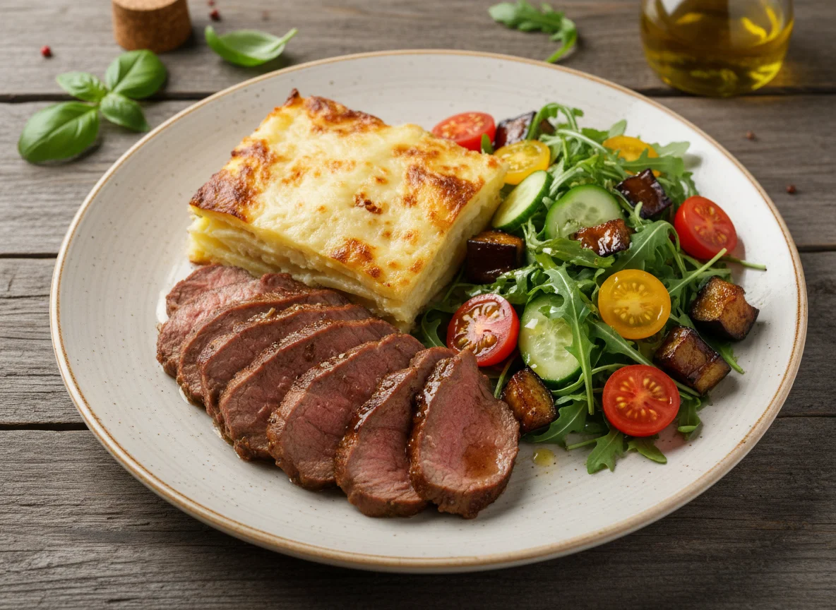 Мясное блюдо с картофельным гратеном и салатом photo