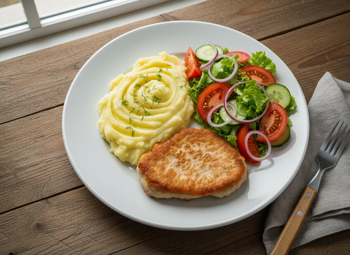 Мясное блюдо с картофельным пюре и овощным салатом photo