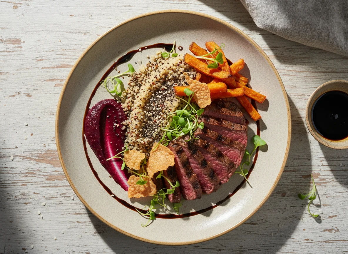 Мясное блюдо с киноа и соусами photo