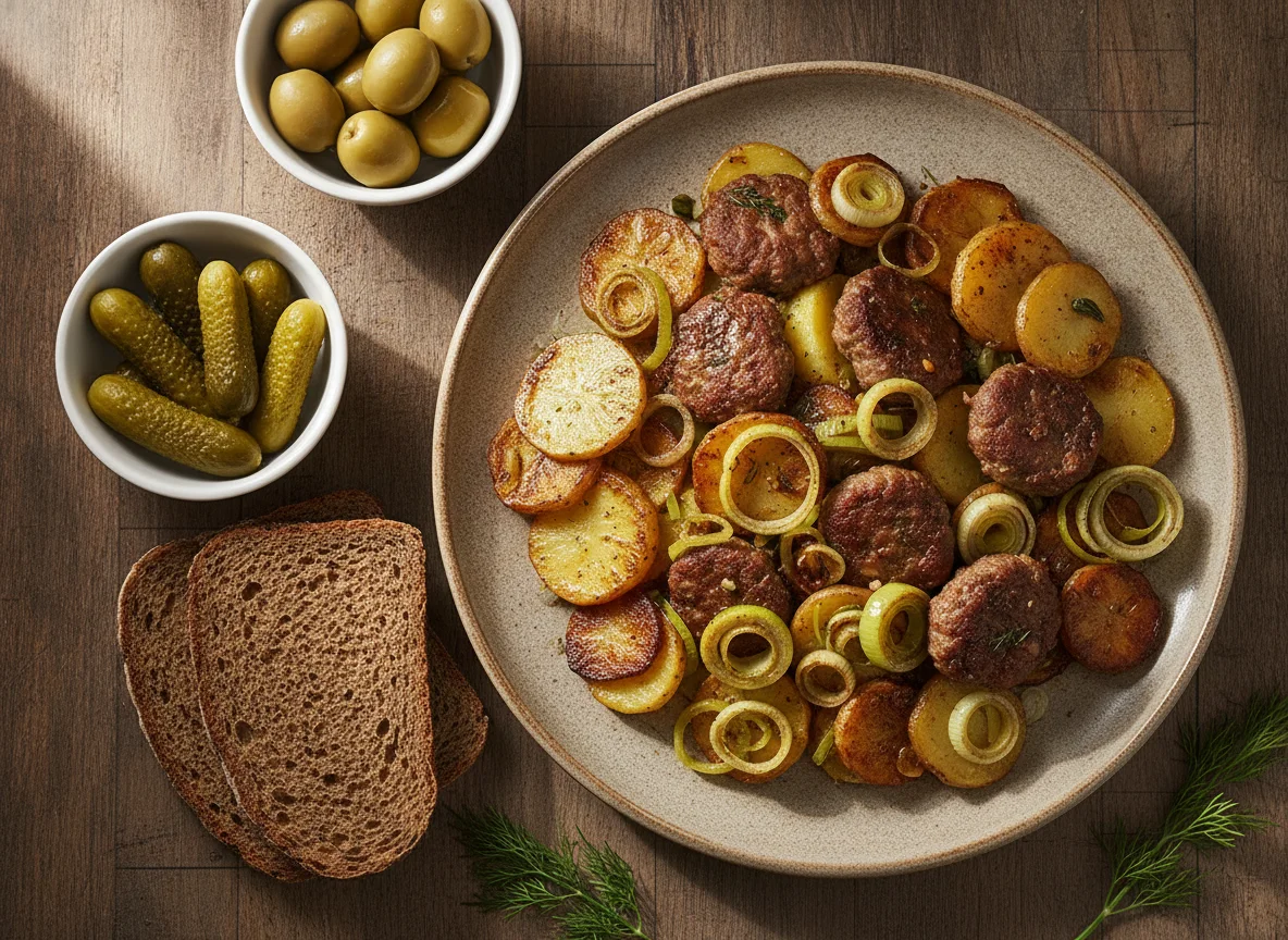 Мясное блюдо с луком-пореем, картофелем и соленьями photo