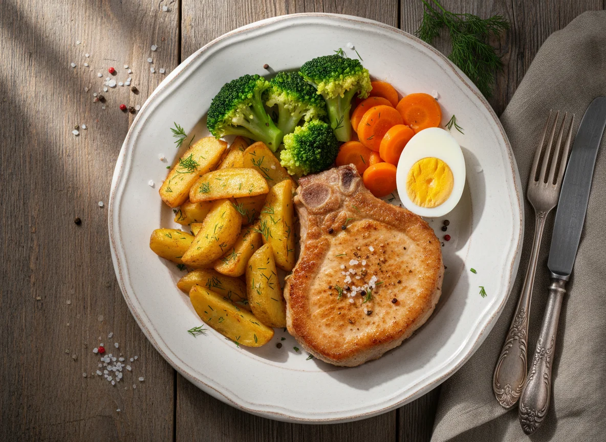 Мясное блюдо с овощами и картофелем photo