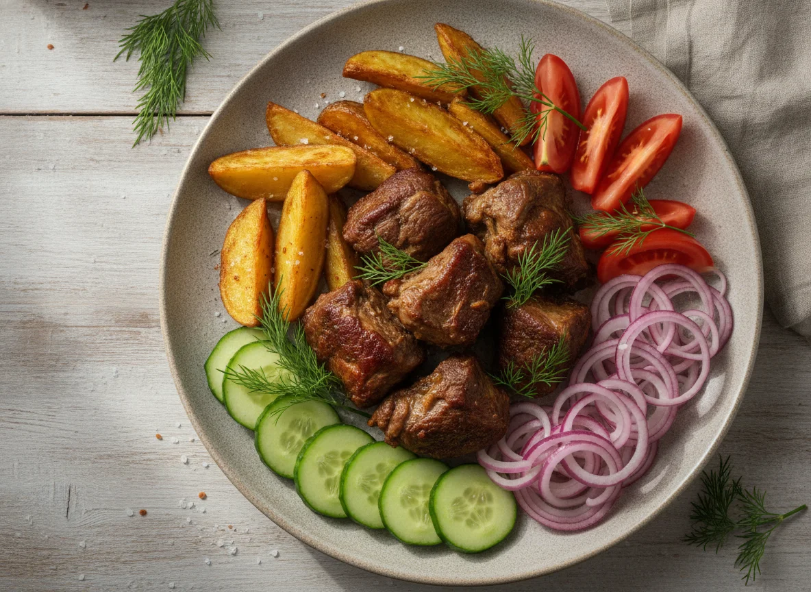 Мясное блюдо с овощами и луком photo