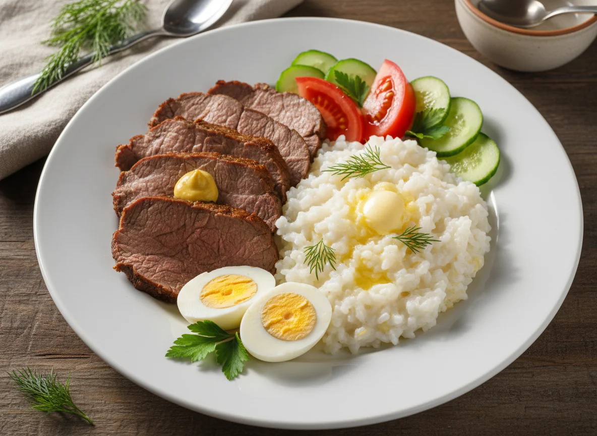 Мясное блюдо с овощами и молочной кашей photo