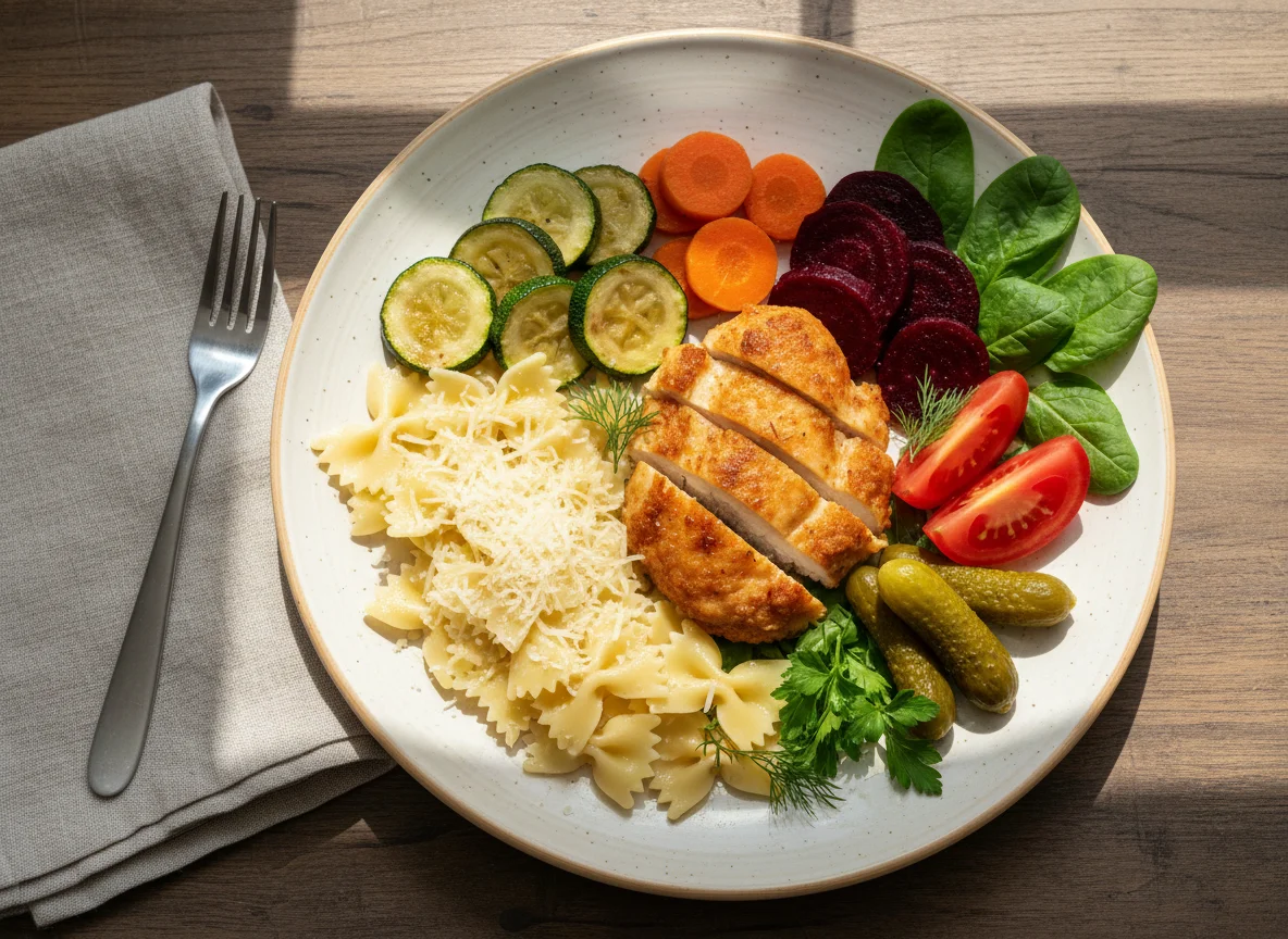 Мясное блюдо с овощами и пастой photo