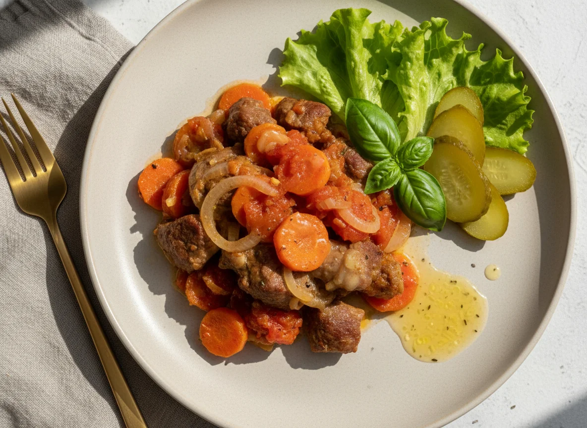 Мясное блюдо с овощами и соусом photo