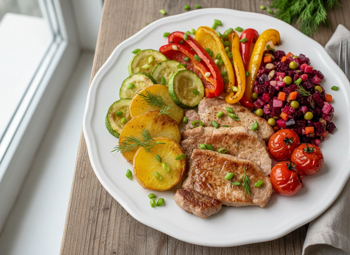 Мясное блюдо с овощами и винегретом photo