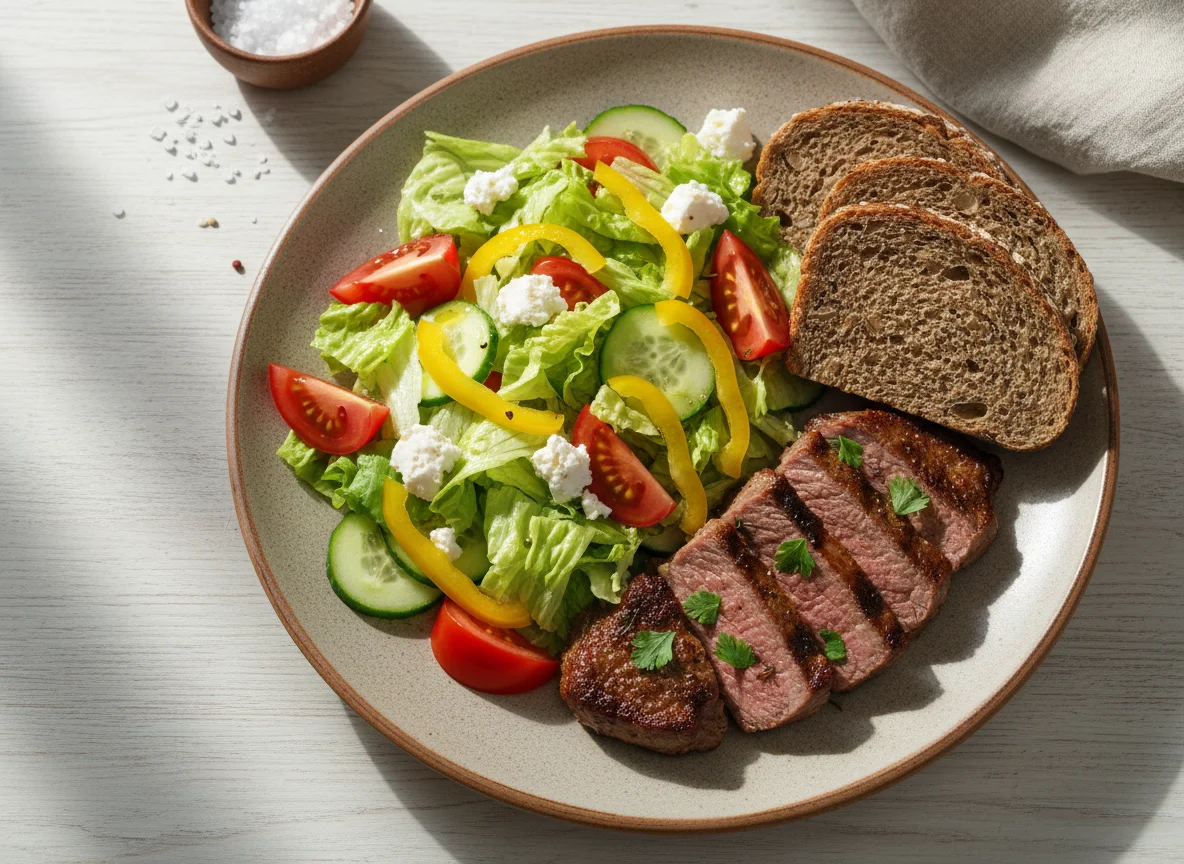 Мясное блюдо с овощным салатом и хлебом photo