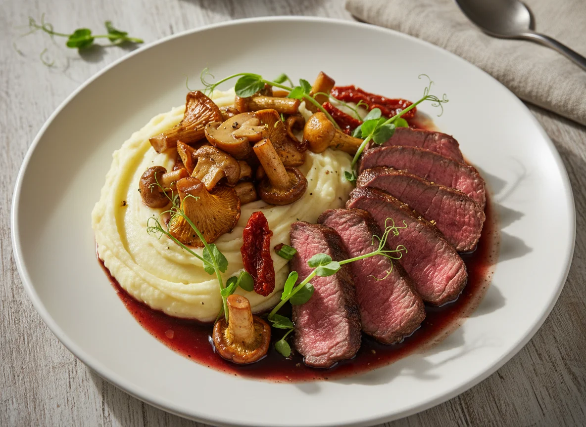 Мясное блюдо с пюре, грибами и соусом photo