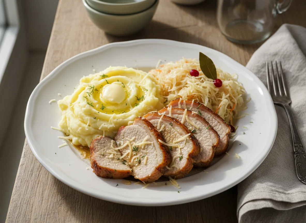 Мясное блюдо с пюре и квашеной капустой photo