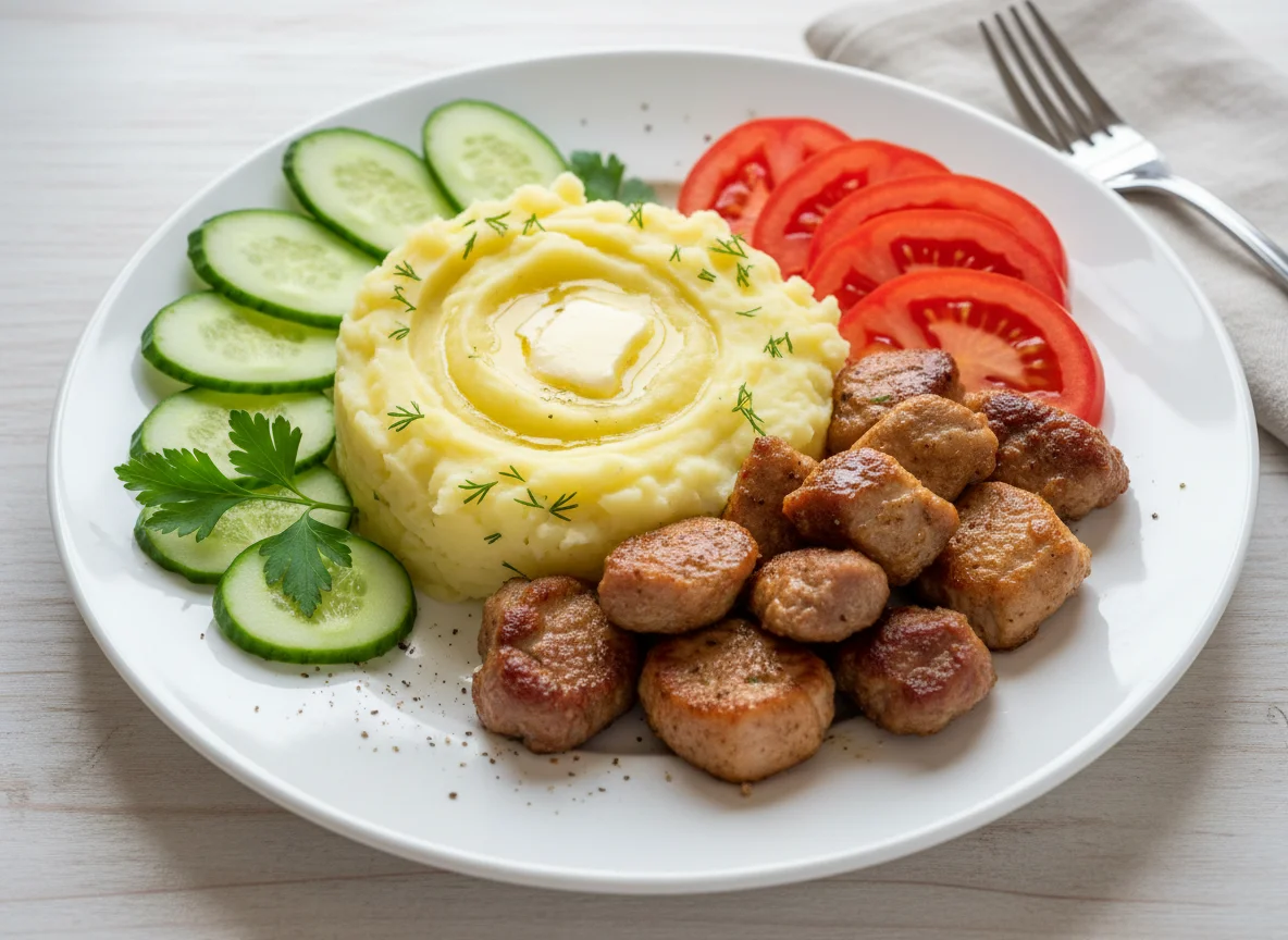 Мясное блюдо с пюре и овощами photo