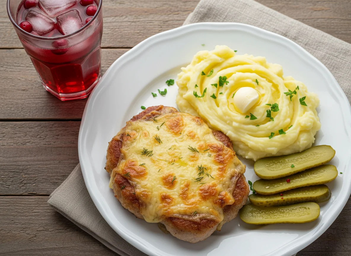 Мясное блюдо с пюре и солеными огурцами photo