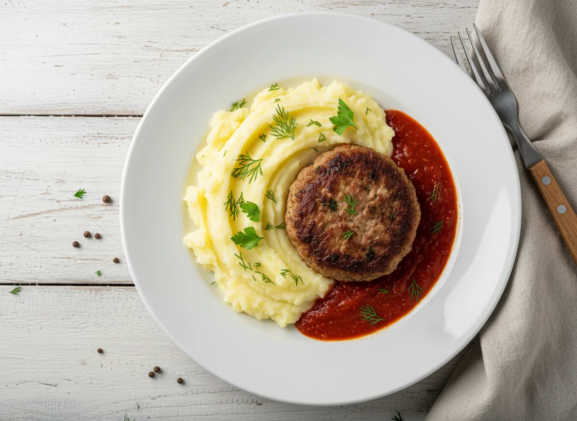 Мясное блюдо с пюре и соусом photo