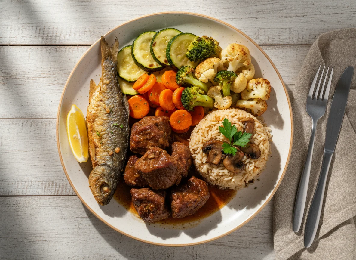 Мясное блюдо с рисом и овощами photo