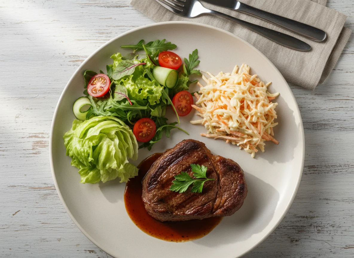 Мясное блюдо с салатом и гарниром photo