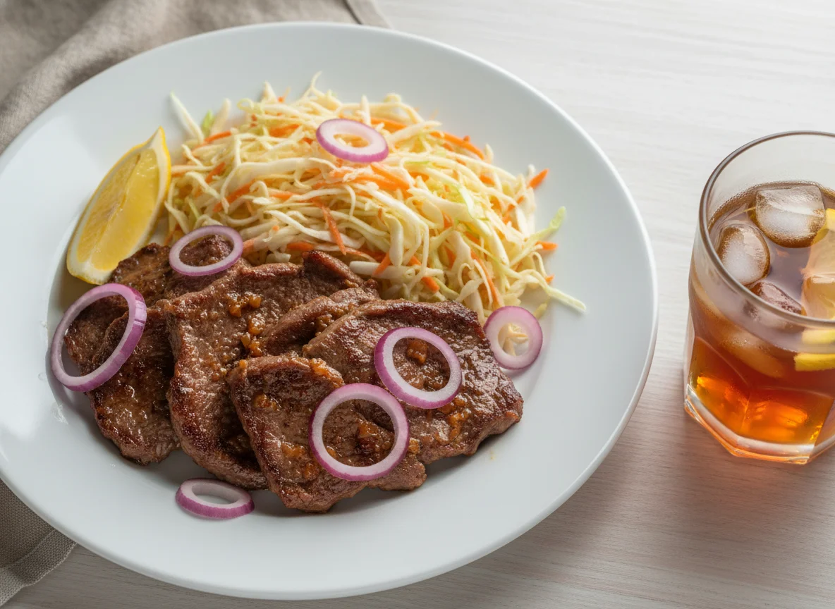 Мясное блюдо с салатом и напитком photo