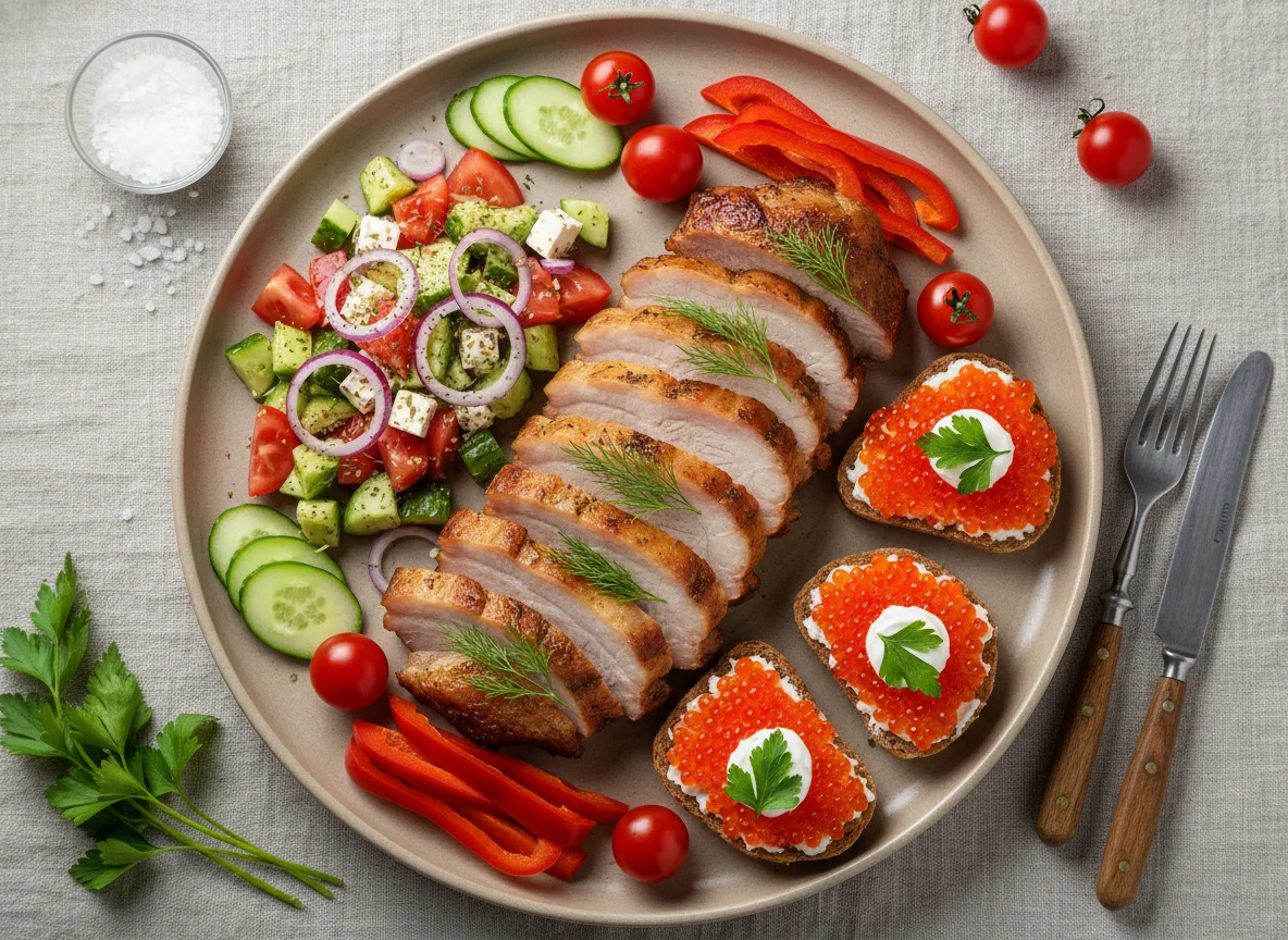 Мясное блюдо с салатом и закусками photo