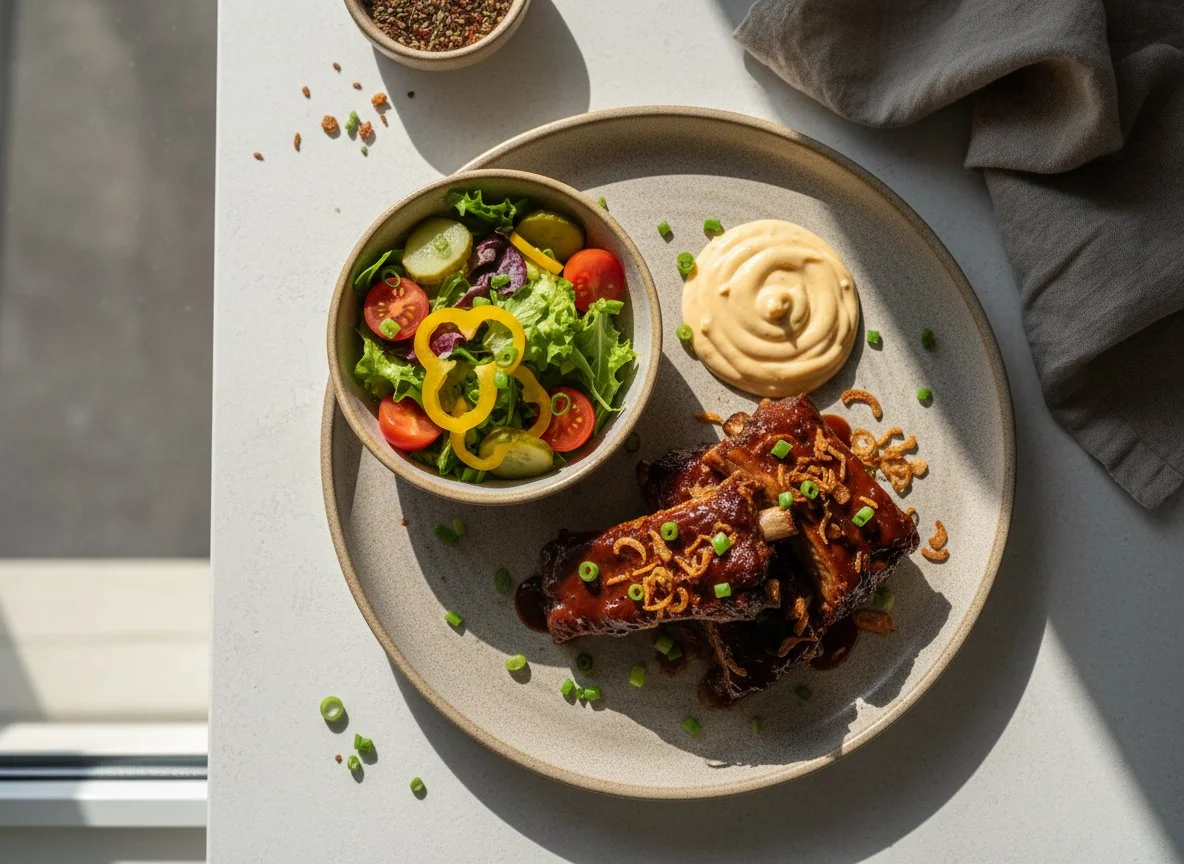 Мясное блюдо с соусами и овощной салат photo