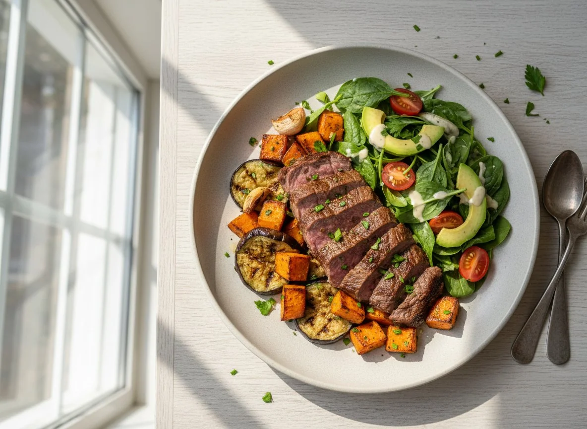 Мясное блюдо со сладким картофелем и салатом photo