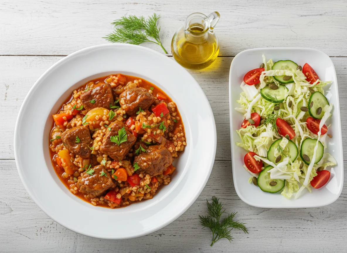 Мясное рагу с булгуром и овощной салат photo