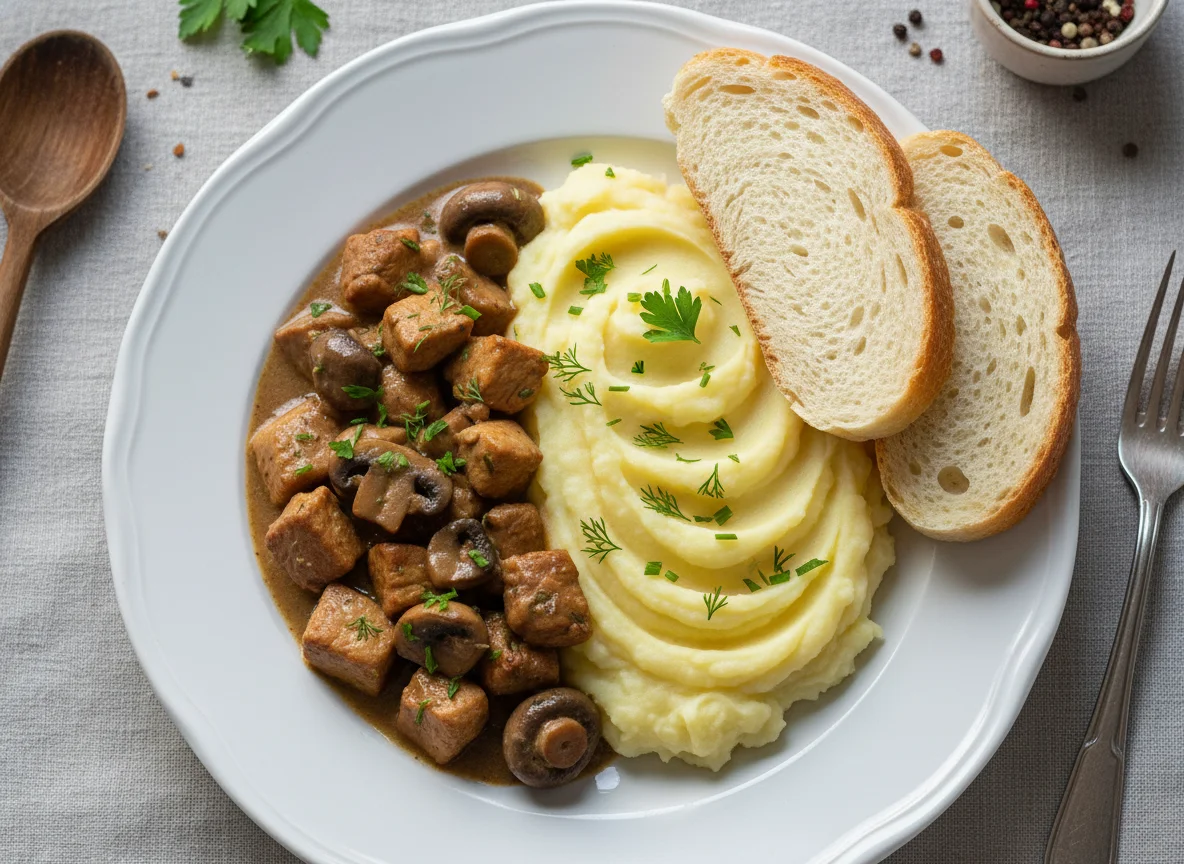 Мясное рагу с грибами и картофельным пюре photo