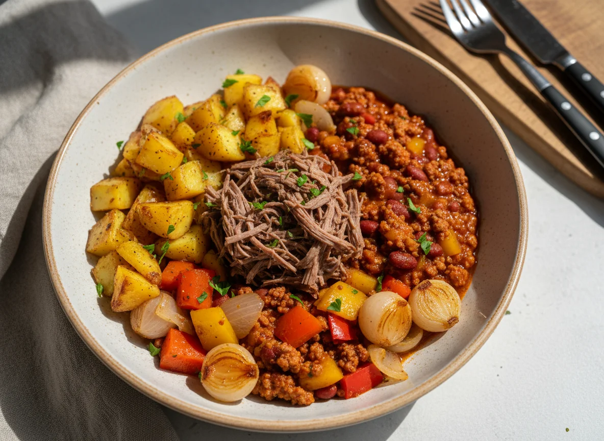 Мясное рагу с картофелем, чили кон карне и овощами photo