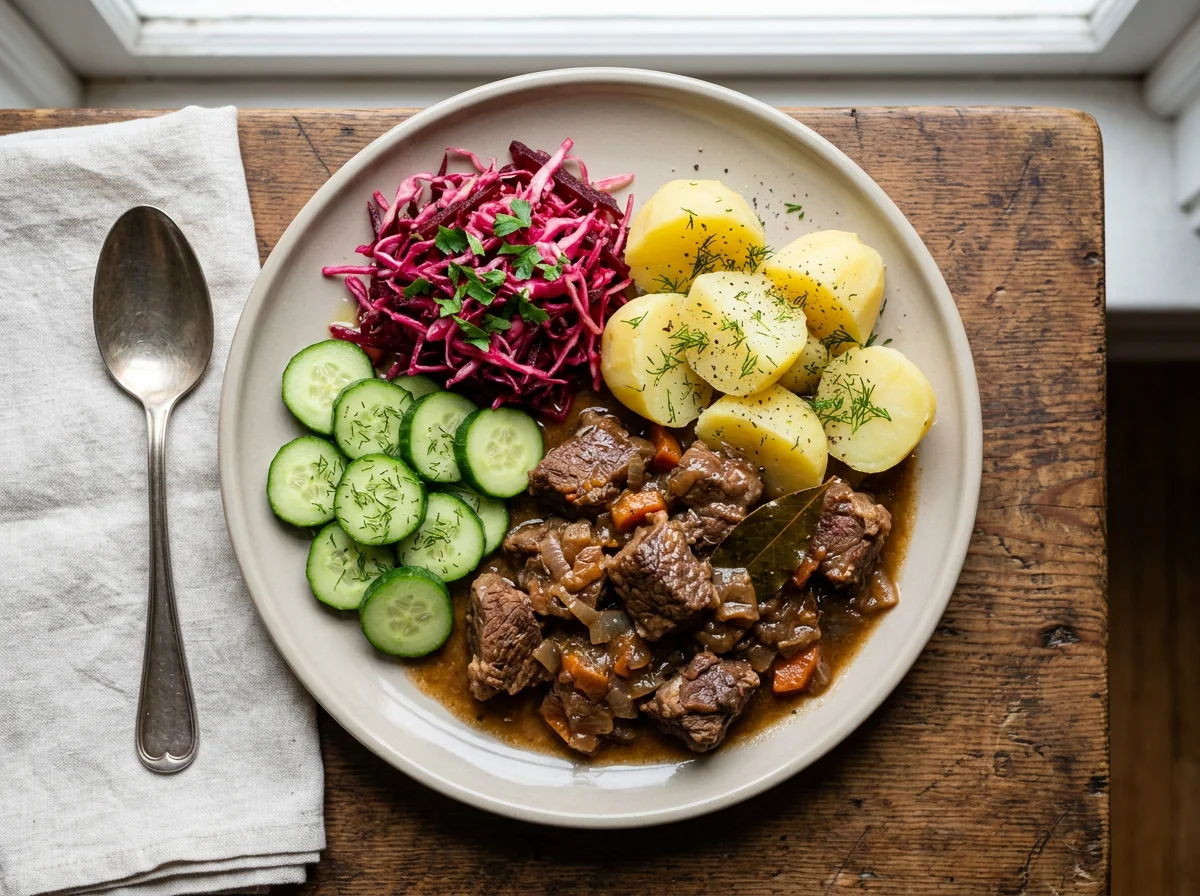 Мясное рагу с картофелем и салатом photo