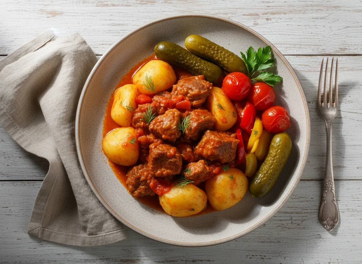 Мясное рагу с картофелем и соленьями photo