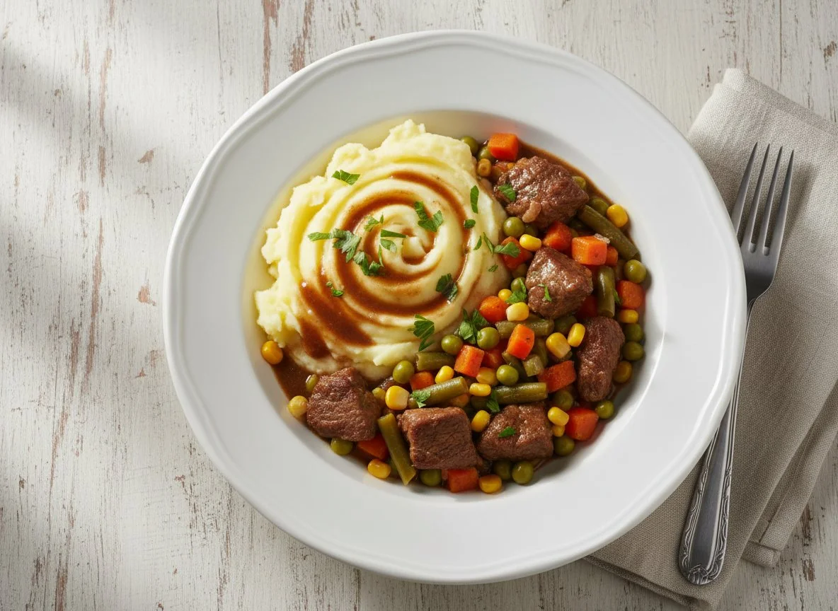 Мясное рагу с картофельным пюре и овощами photo