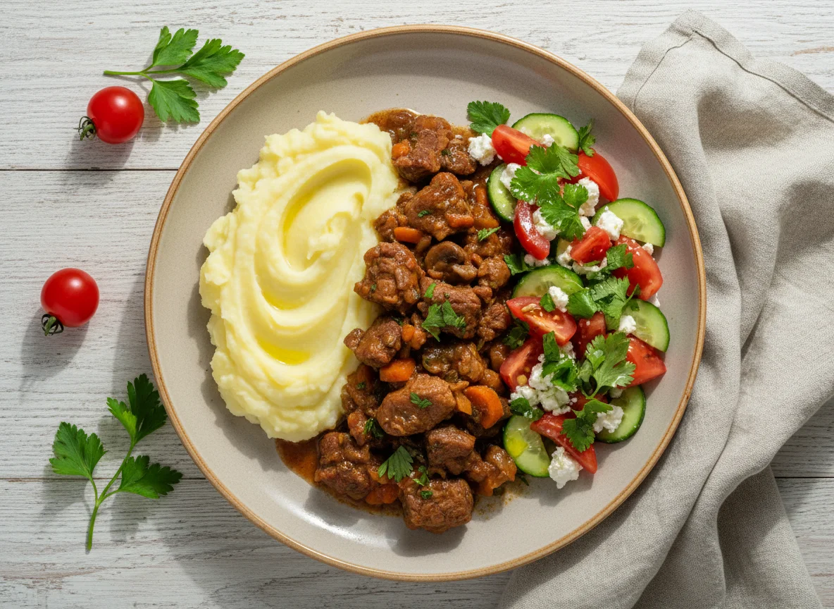 Мясное рагу с картофельным пюре и овощным салатом photo