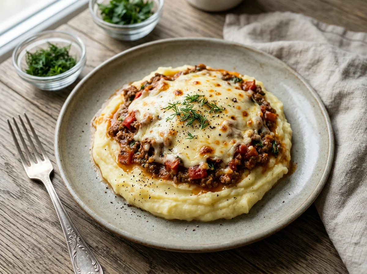 Мясное рагу с картофельным пюре и сыром photo