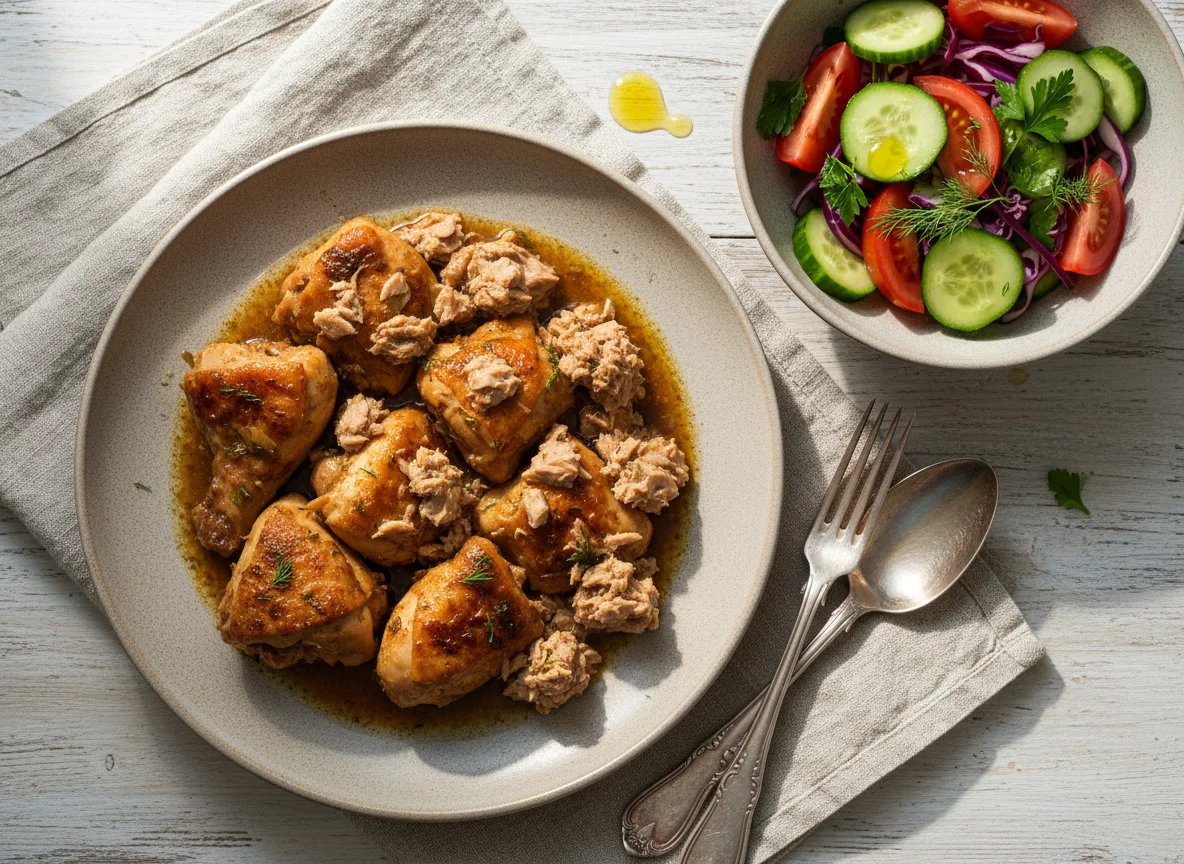 Мясное рагу с консервированной рыбой и овощным салатом photo
