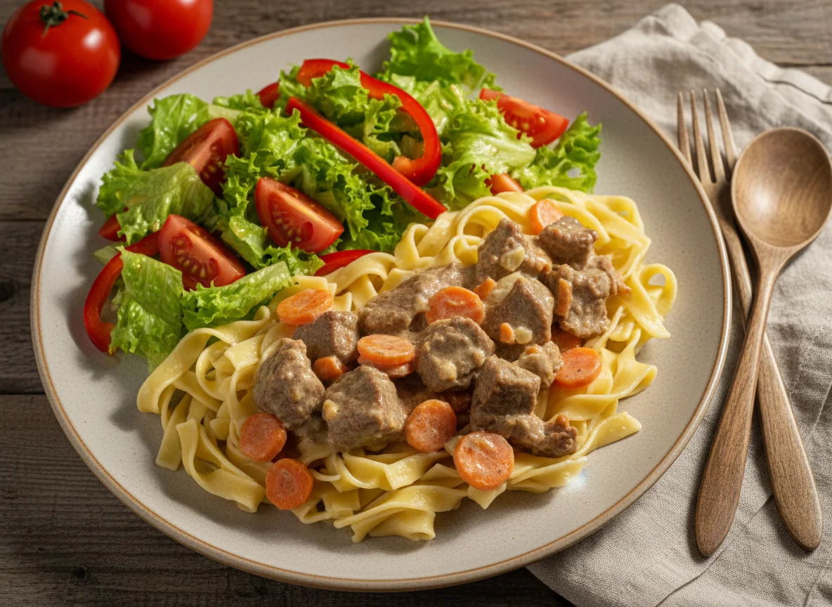 Мясное рагу с лапшой и овощным салатом photo