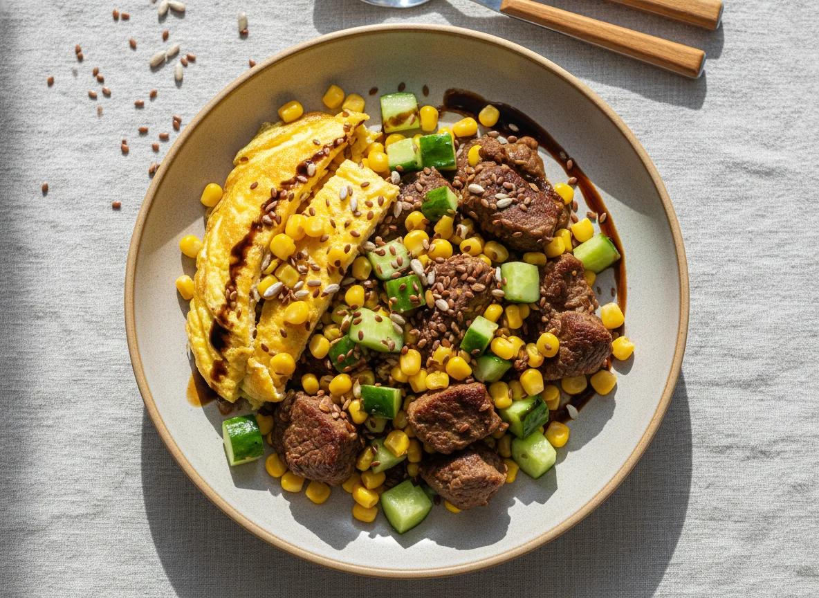 Мясное рагу с омлетом, кукурузой и огурцом photo
