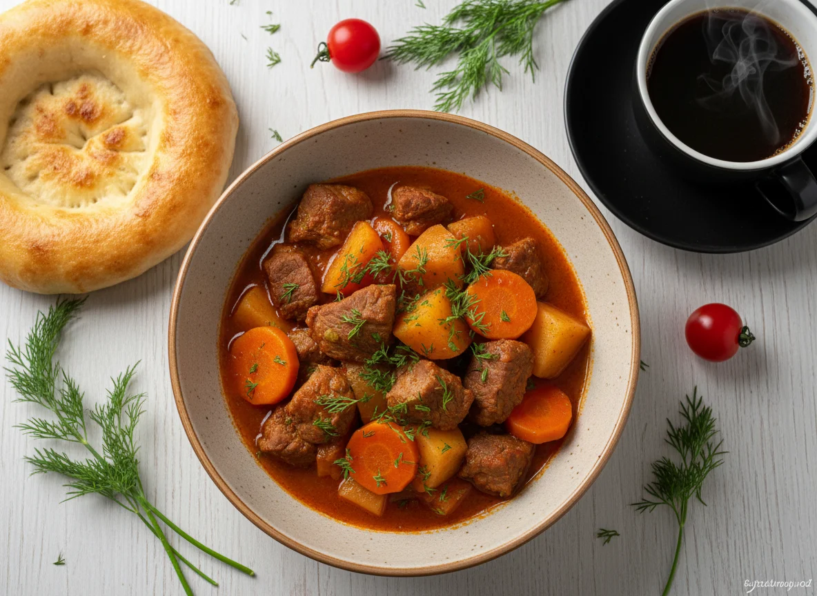 Мясное рагу с овощами, хлеб и кофе photo