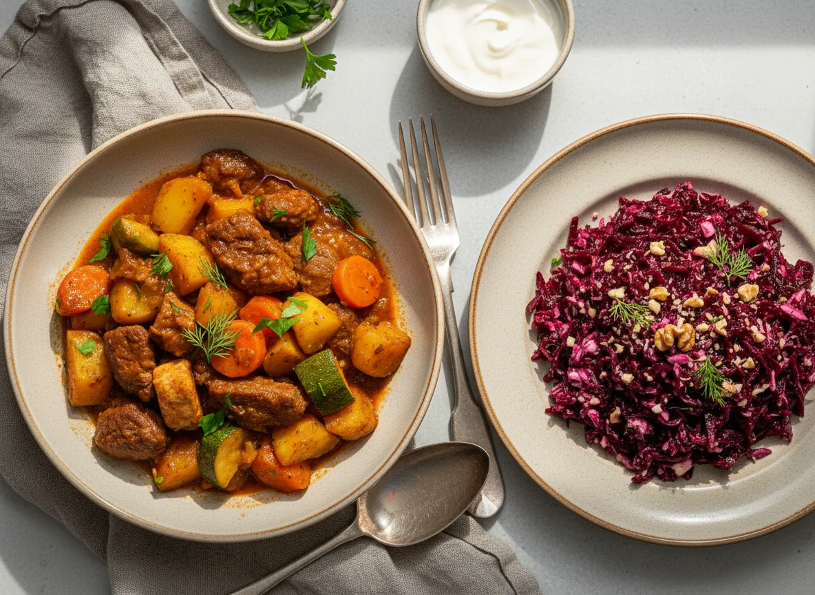 Мясное рагу с овощами и салат из свеклы photo