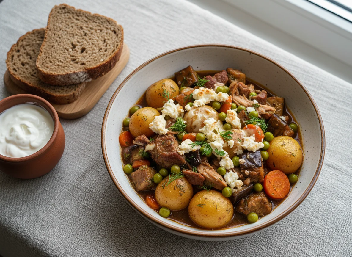 Мясное рагу с овощами и сыром photo