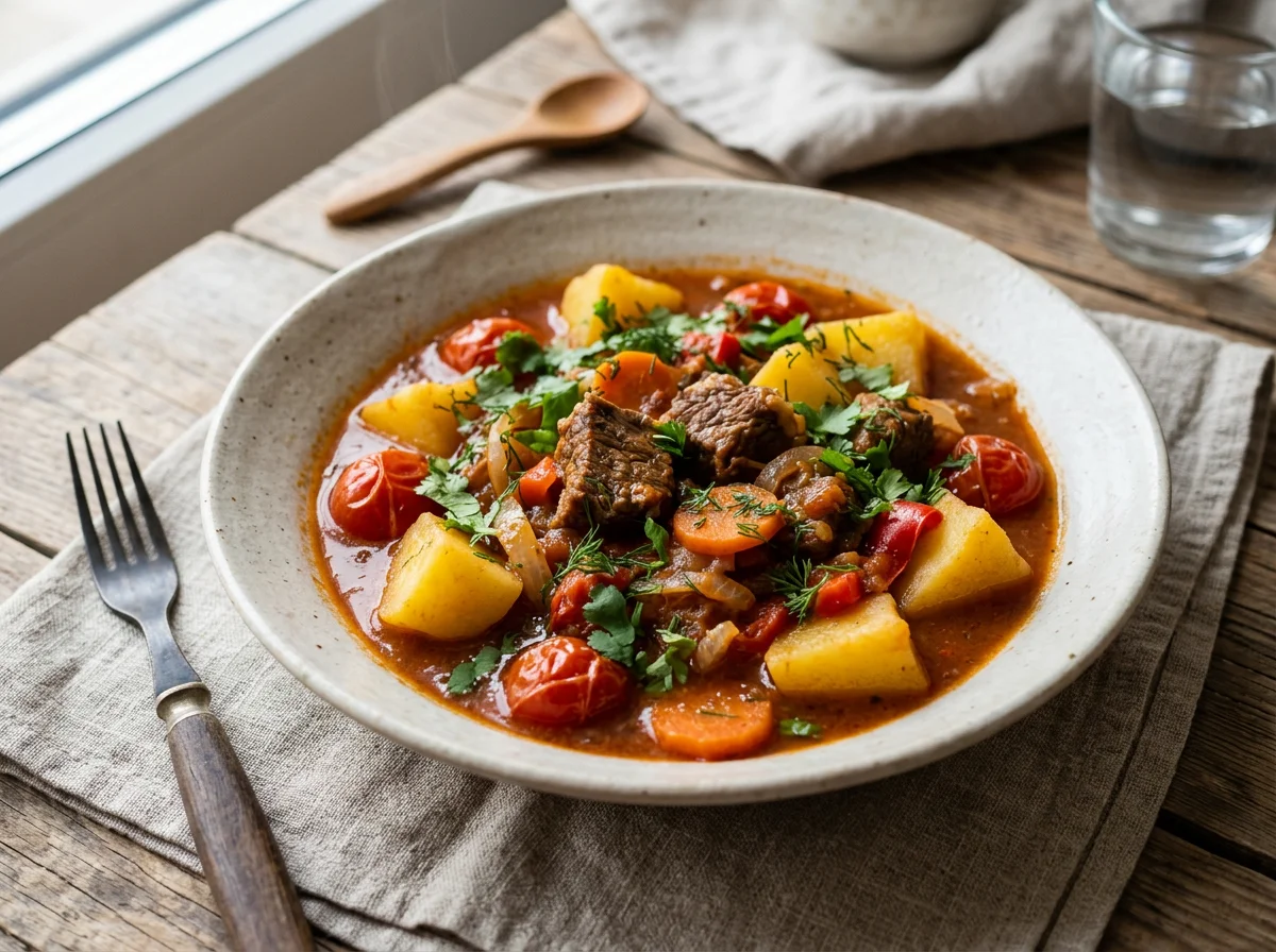 Мясное рагу с овощами и зеленью photo