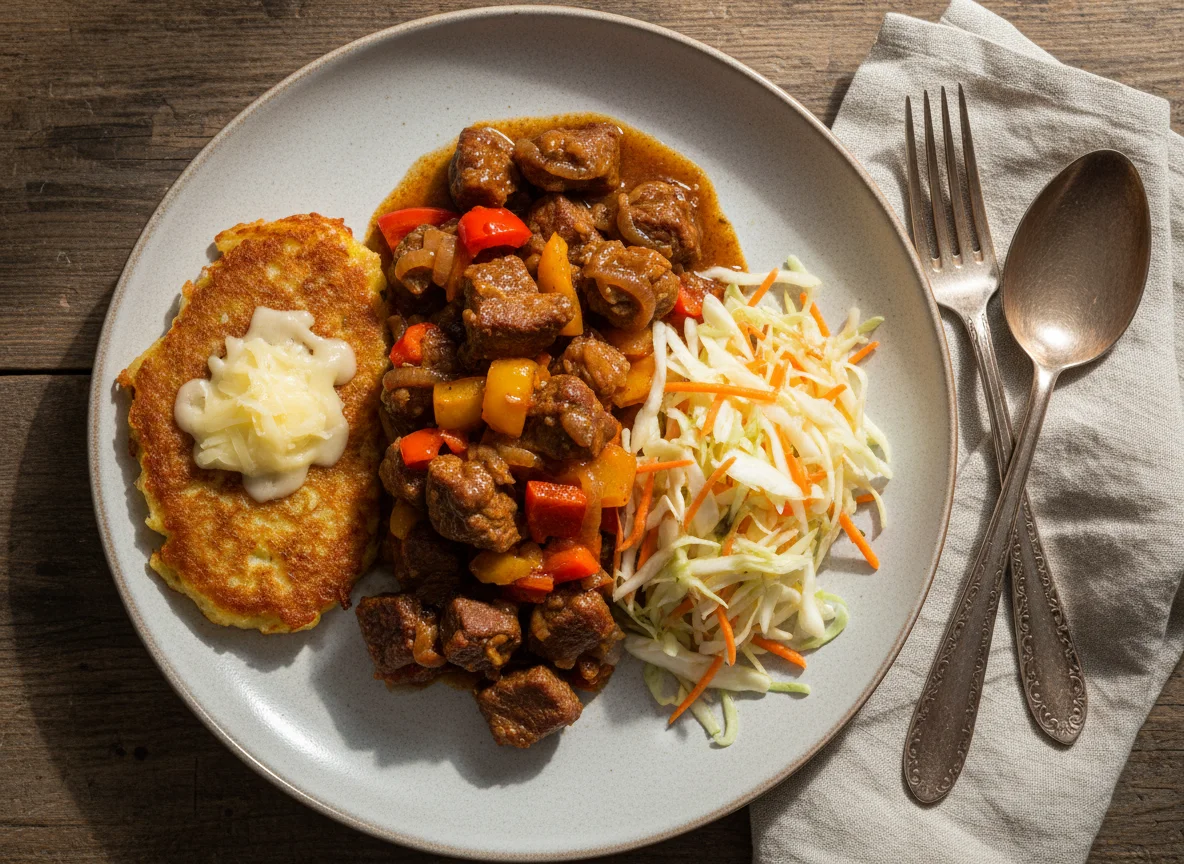 Мясное рагу с овощами, картофельный драник и салат из капусты photo