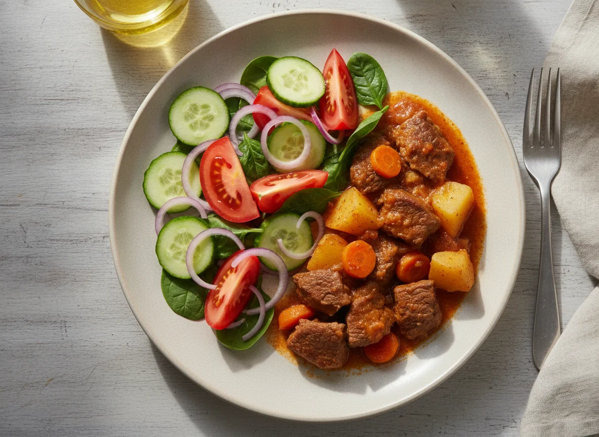Мясное рагу с овощным салатом photo