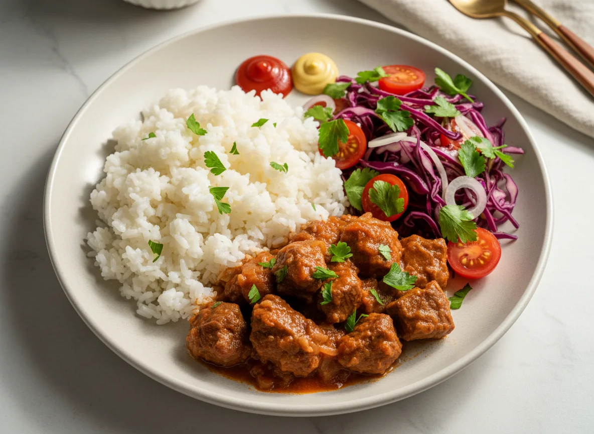 Мясное рагу с рисом и овощным салатом photo