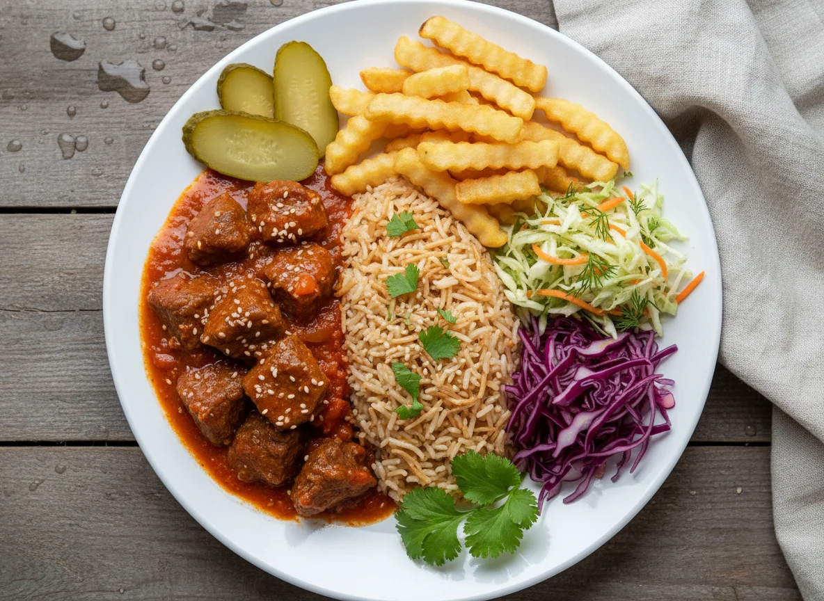 Мясное рагу с рисом и салатом photo