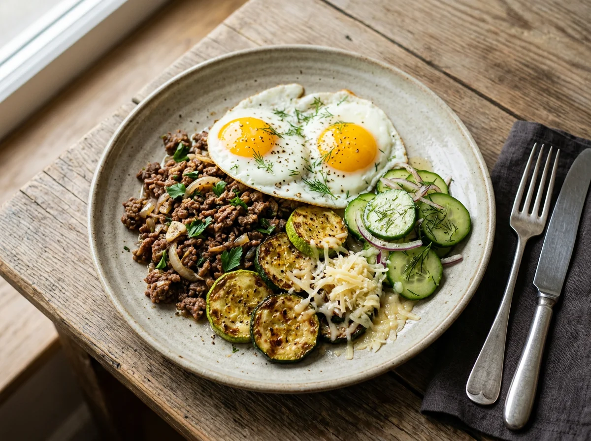 Мясной фарш с кабачками, огурцом и яичницей photo